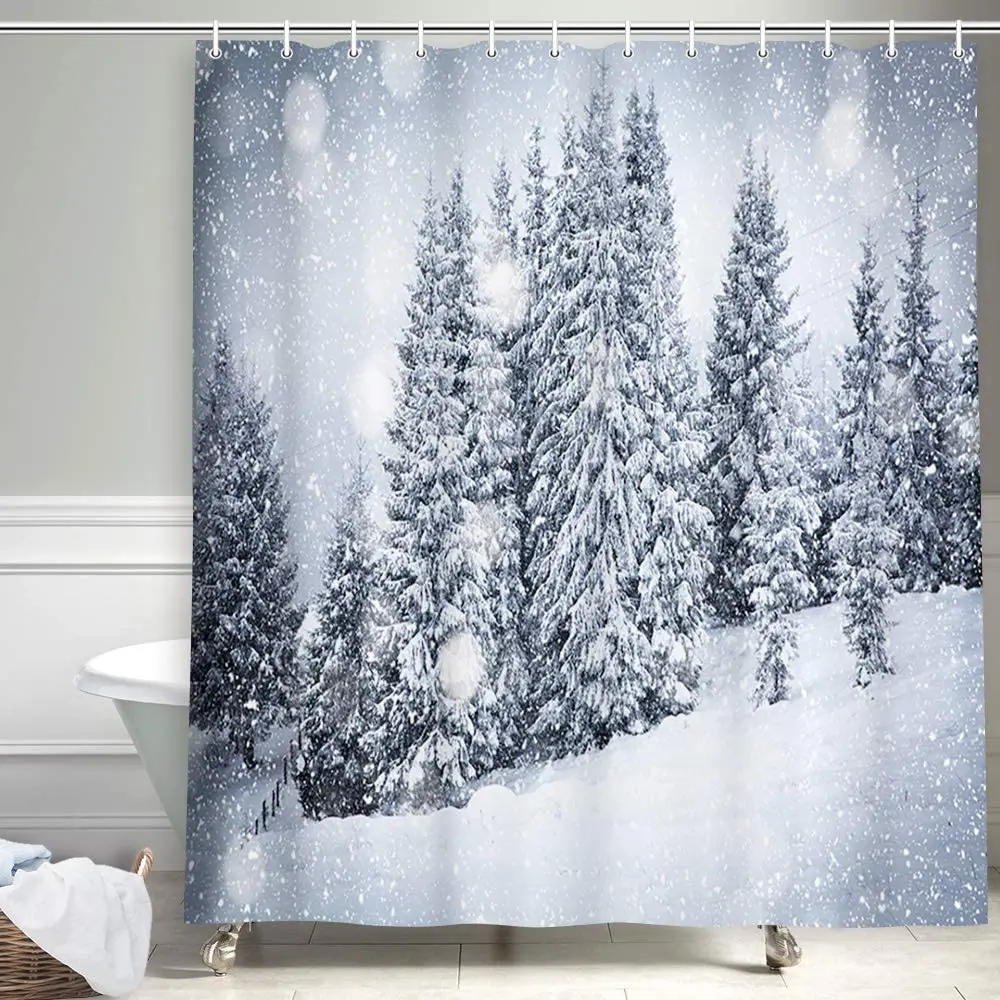 Set Di Tende Da Doccia Rustiche Della Foresta Di Neve Merry Christmas Nature Scenery Winter Snow Woodland Country Farmhouse Bath Curtain Fabric