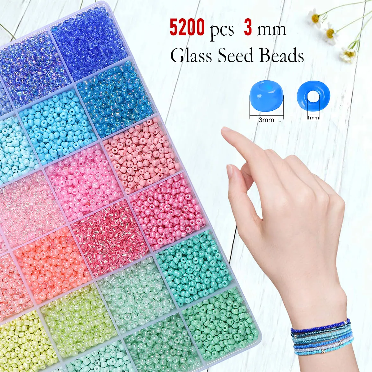 Set mit 5200 Glas Rocailles 3mm in Organizer Box mit 24 Fächern, Perlen Set für DIY Armband Halskette Ohrring Schmuckherstellung Bastelmaterial – Detail 3