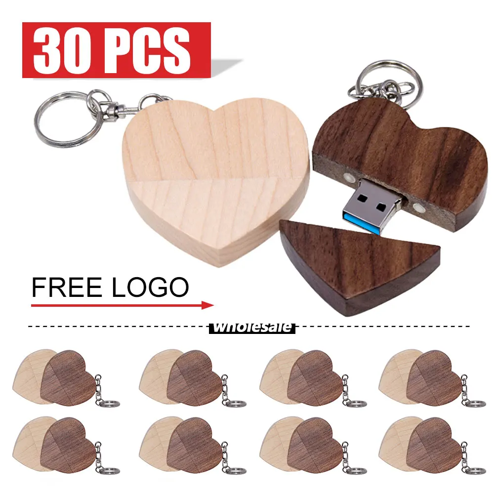

30pcs Wooden Heart Usb3.0 flash drive Memory Stick Pen Drive 8gb 16gb 32gb Company Logo customized Wedding Gift photography gift