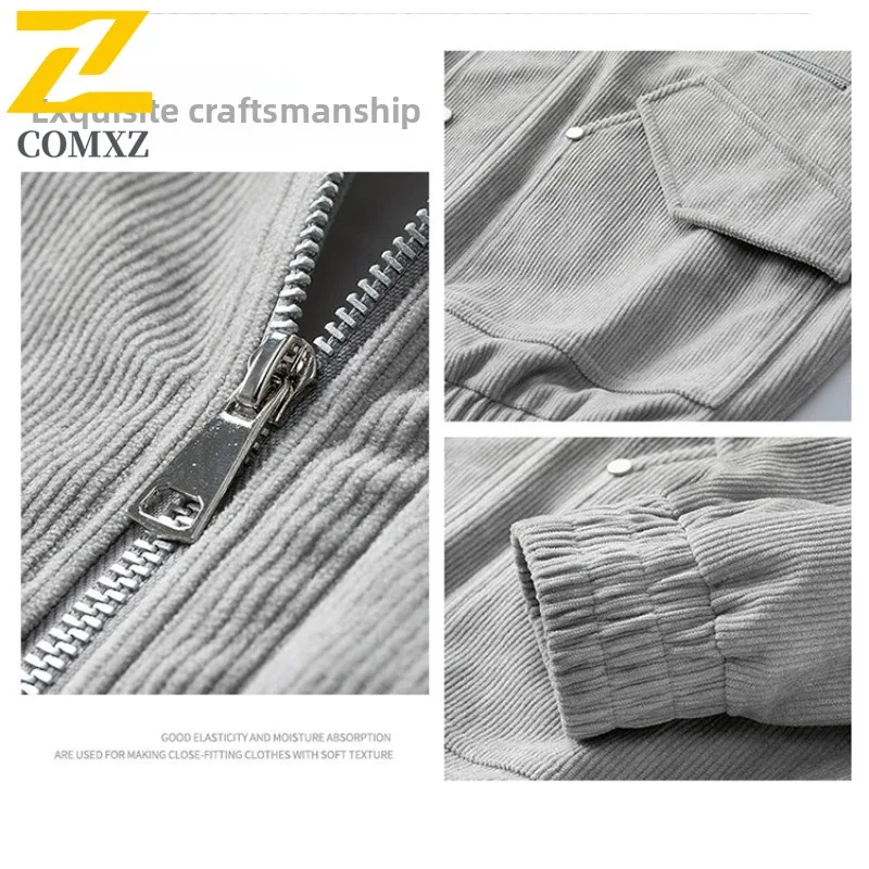 Men's Corduroy Workwear Jacket Japanese Style Notch Lapel Coat Water-Resistant Windproof Loose Fit Vintage Utility Streetwear