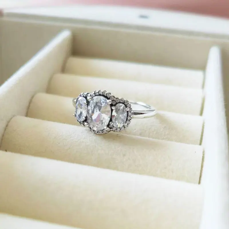 925 Sterling Silver Three Stone Vintage Ring with Clear Cz Fashion Pandora Style Jewelry Ring For Women