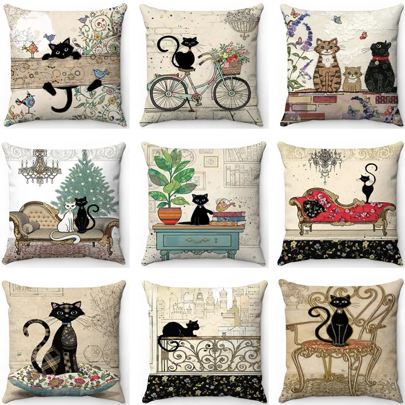 Cartoon Cat Pattern Sofa Cushion Covers Home Decorative Living Room Chair Pillow Cover Office Car Lovely Animal Pillowcase