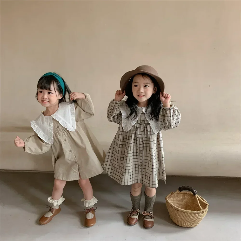 Girls Clothes Casual Dress Spring Autumn Korean Cotton Linen Girls Princess Plaid Dress 2pcs girls dress princess costume