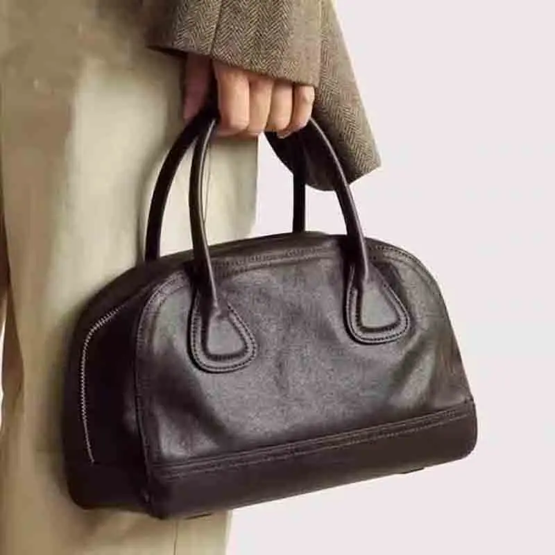 Women's Luxury Genuine Leather Vintage Zipper Handbag Small Size Tote Real Cowhide Singel Shoulder Bags