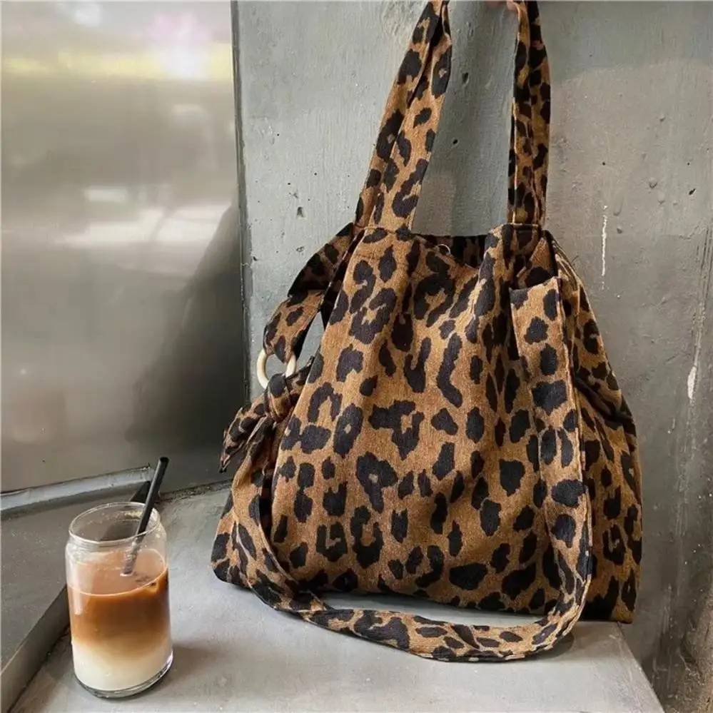 New Autumn Winter Corduroy Shoulder Bags Leopard Pattern Handbag Female Daily Warm Soft Shopping Bag Simple Large Capacity Retro