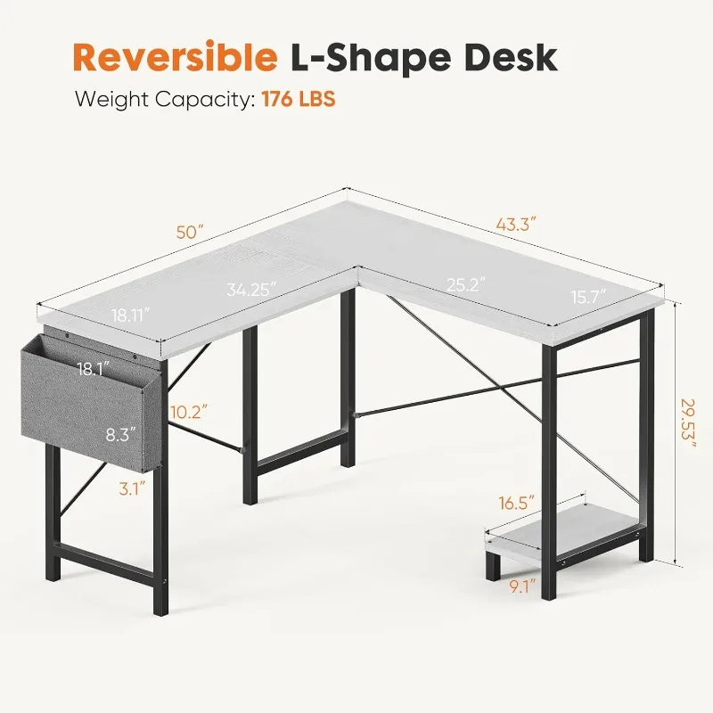 L Shaped Computer Desk - Gaming Corner 50 Inch PC White Writing Study Student Table with Wooden Desktop CPU Stand Side Bag 3