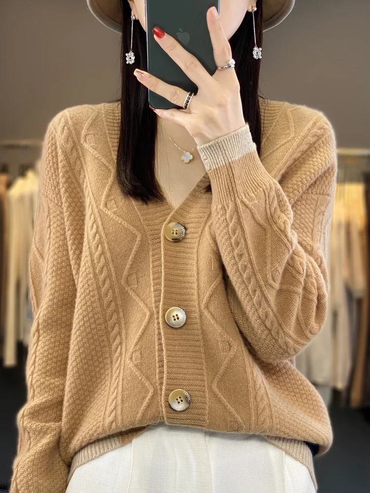 

Women Sweater 100% Merino Wool Thick Warm Casual Cardigan V-neck Twist Flower Cashmere Knitwear Autumn Winter Korean Fashion