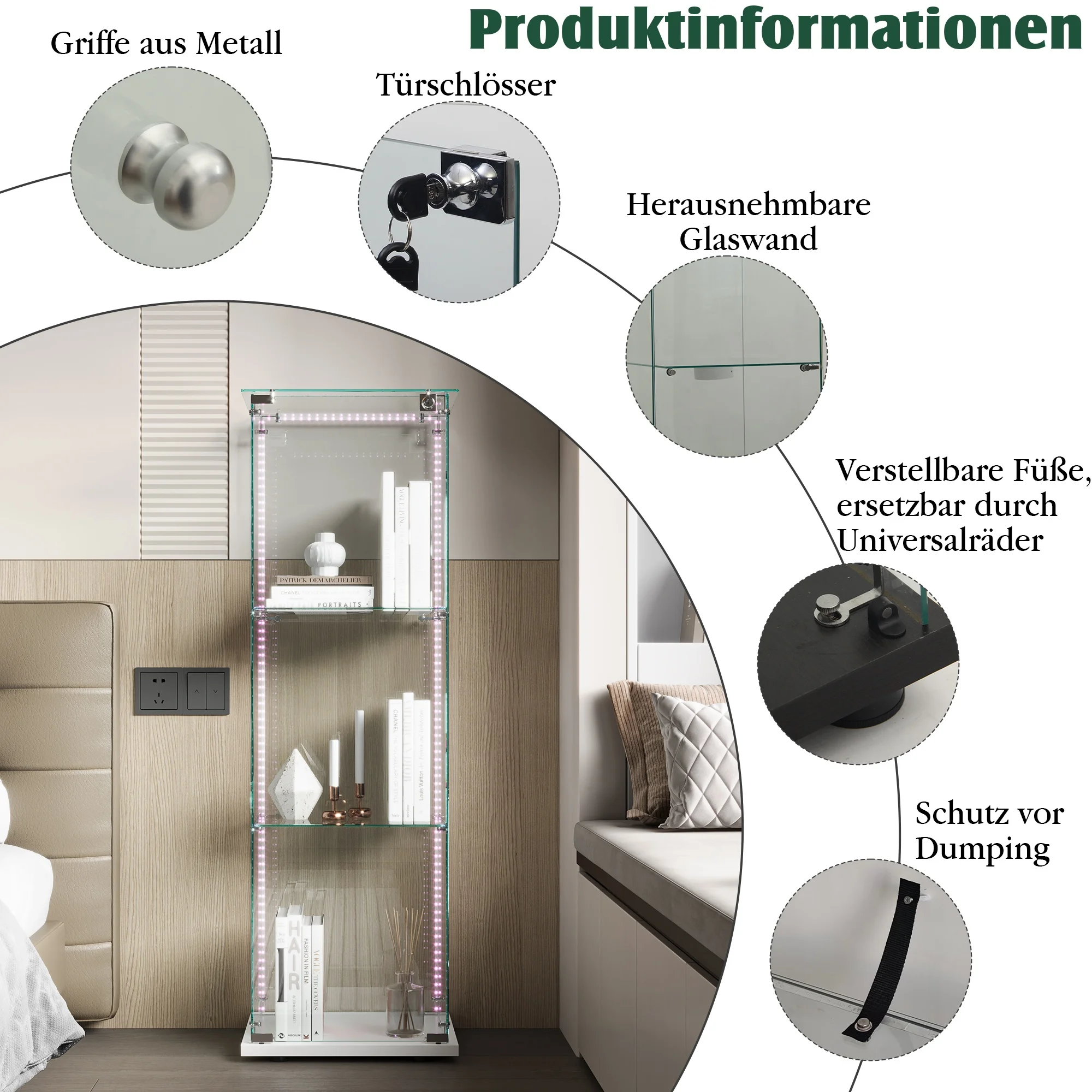 Superaly 3-Schichtige, Einzelglas-Vitrine mit Tür und Schloss, Beleuchtungsstreifen für Sammlungen, Möbel, Wohnzimmer, Weiß – Detail 11