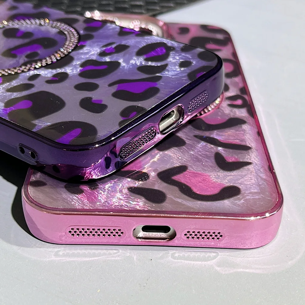 Shiny Rhinestone Leopard Print Magsafe Magnetic Case for iPhone 16 Pro Max 15 Pro 14 Plus 16 + 13 12 11 Camera Protect cover