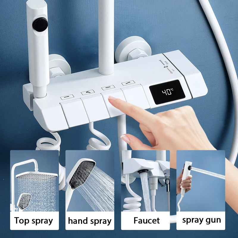 White Piano Digital Shower Set Intelligent Brass Bathroom Faucets Hot Cold Waterfall Tap Rainfall Gray Shower System chuveiro