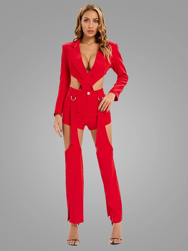 

Sexy V-Neck Long Sleeve Blazer Coat + Long/Short Pants Detachable 3 Piece Set BodySuit Red Orange Cutout Trouser Blazer Runway