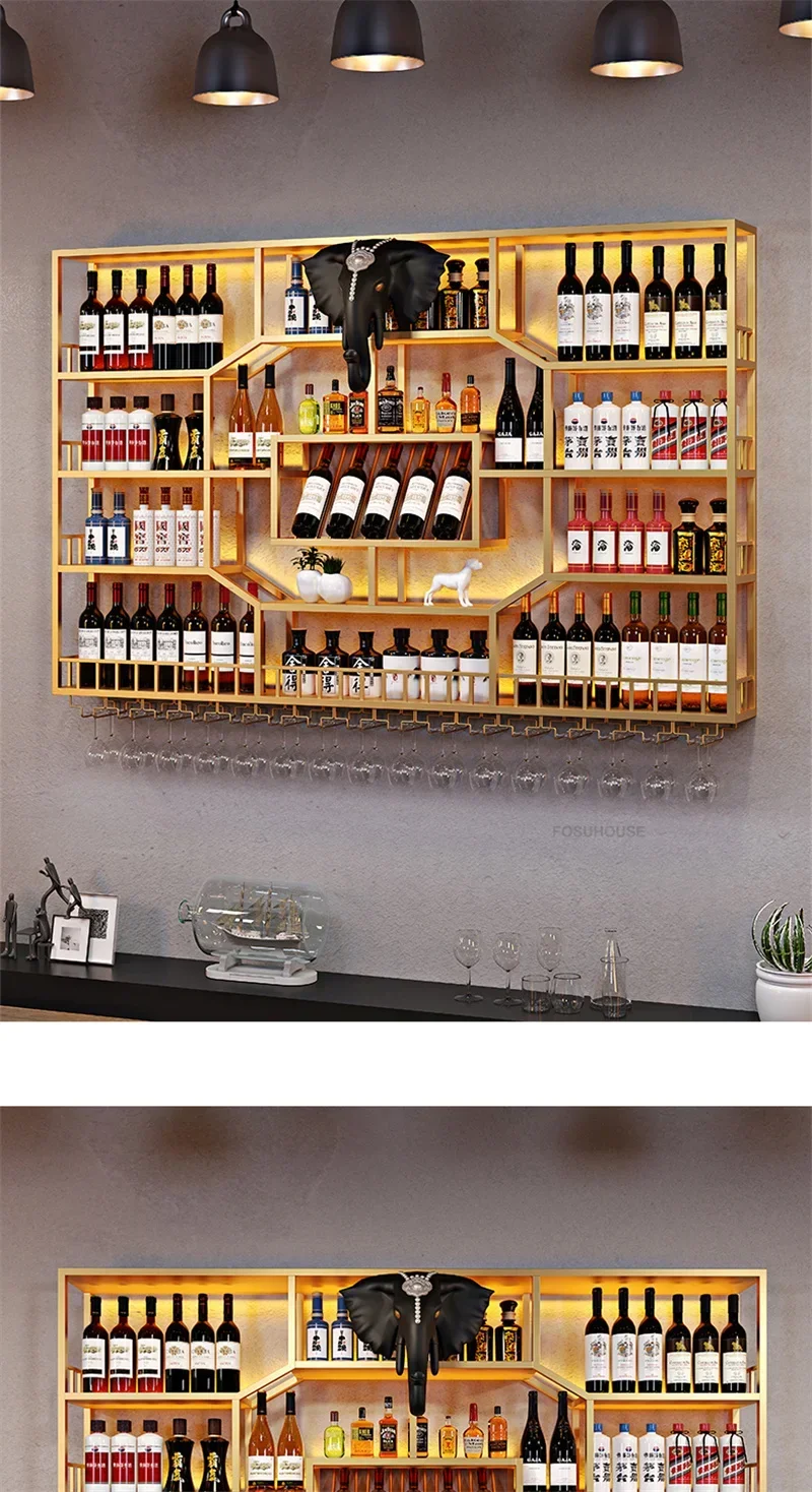 Nordic Iron Art Wine Rack Creative Wine Display Cabinet with Light Industrial Style Hotel Restaurant Wall-mounted Bar Cabinets