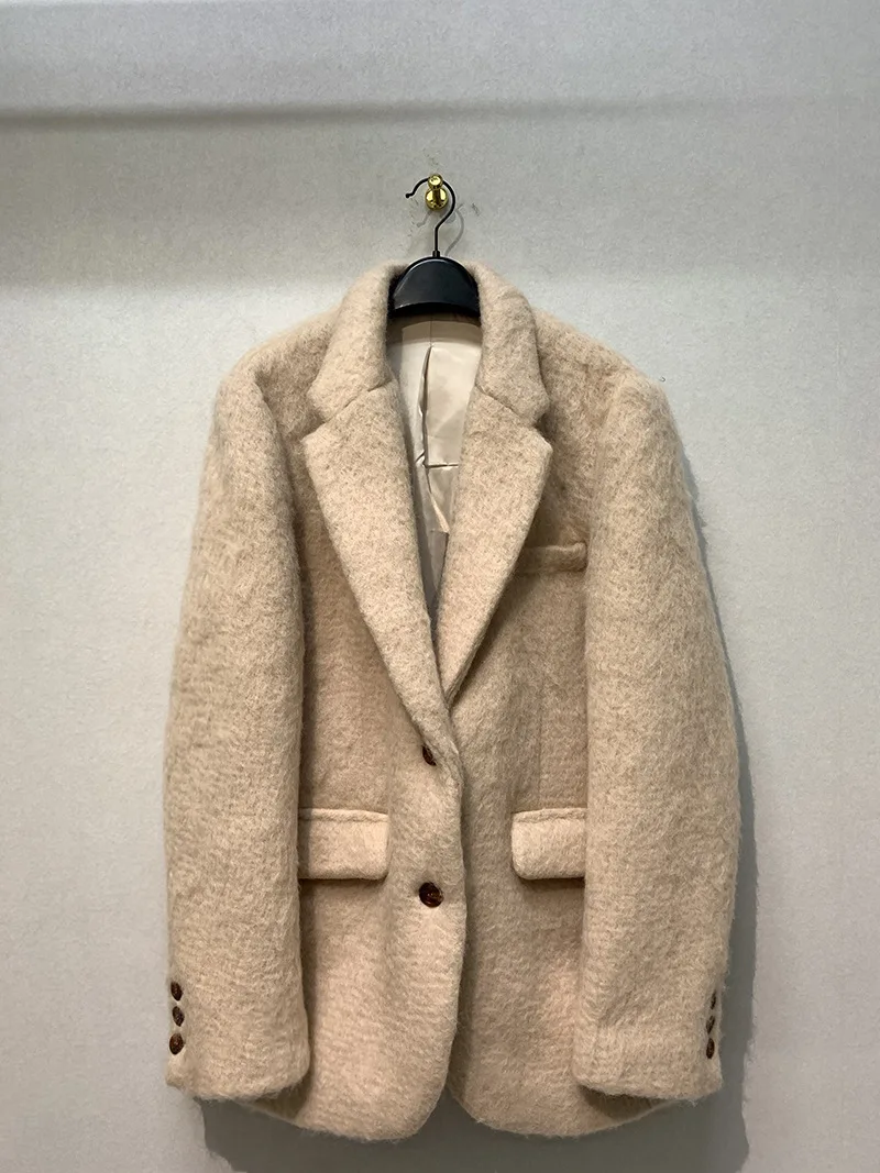 

Simple Suit Collar Mohair Coat Women Loose Casual Vintage Japan Style Chic Fashion Solid Color Jackets Autumn Winter 2023 Tops
