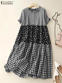 Women Sundress ZANZEA 2025 Summer Casual Loose Short Sleeve Robe Fashion Plaid Long Dress Holiday Pleating Stitching Shirt Dress 1