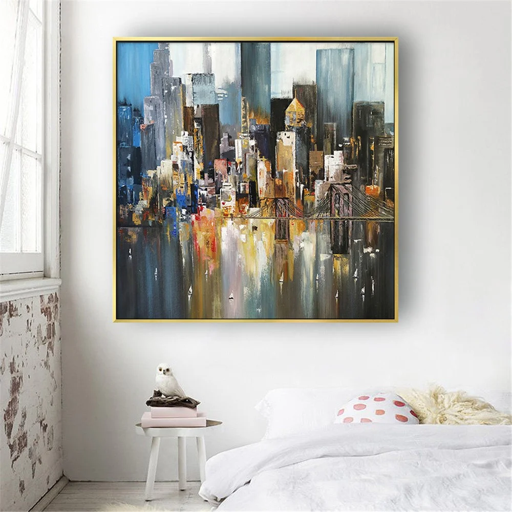 

100% Handmade Abstract Oil Paintings On Canvas New York Manhattan Wall Painting City View Art Large Sitting Room Decor Artwork