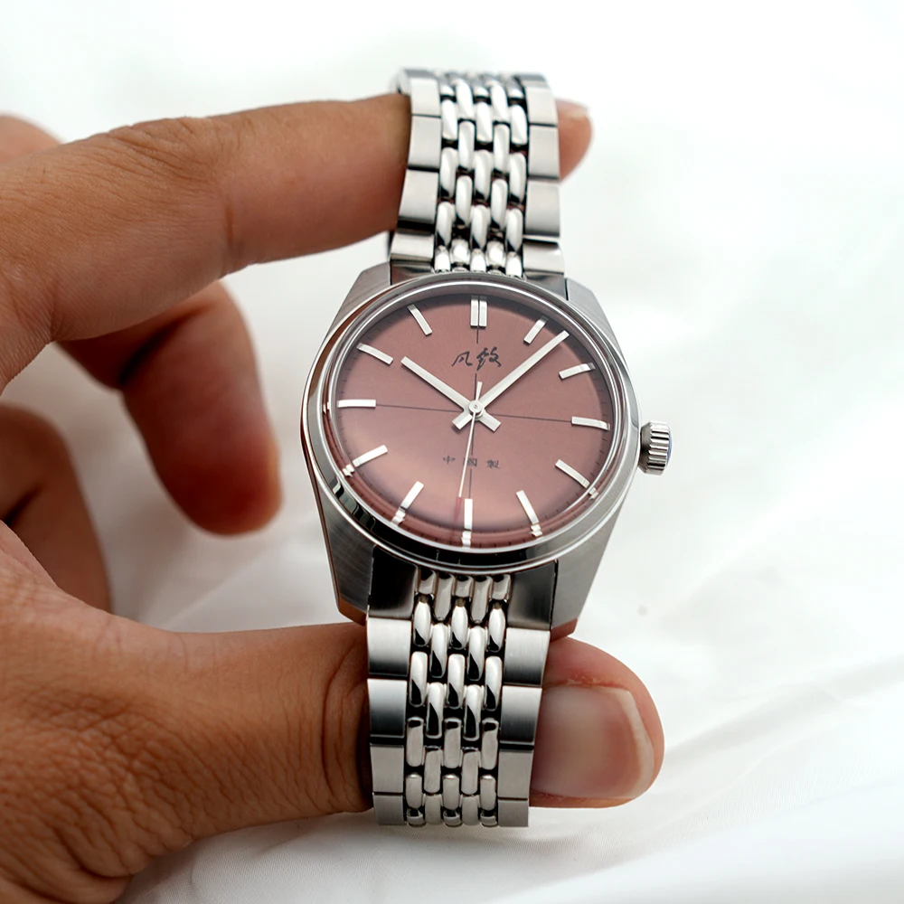 Merkur Watch Vintage Handwind Mechanical Watch for Men Rose Red Dial Casual Dress Watches Reloj Hombre