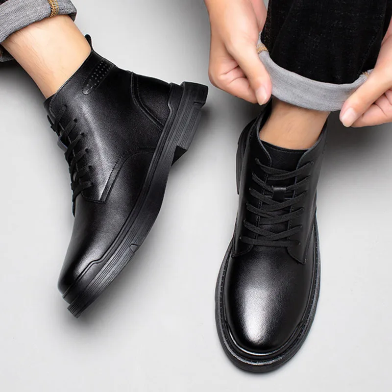 100% Genuine Leather Men Autumn Winter Boots Thick Sole Warm Cow Leather Ankle Boots