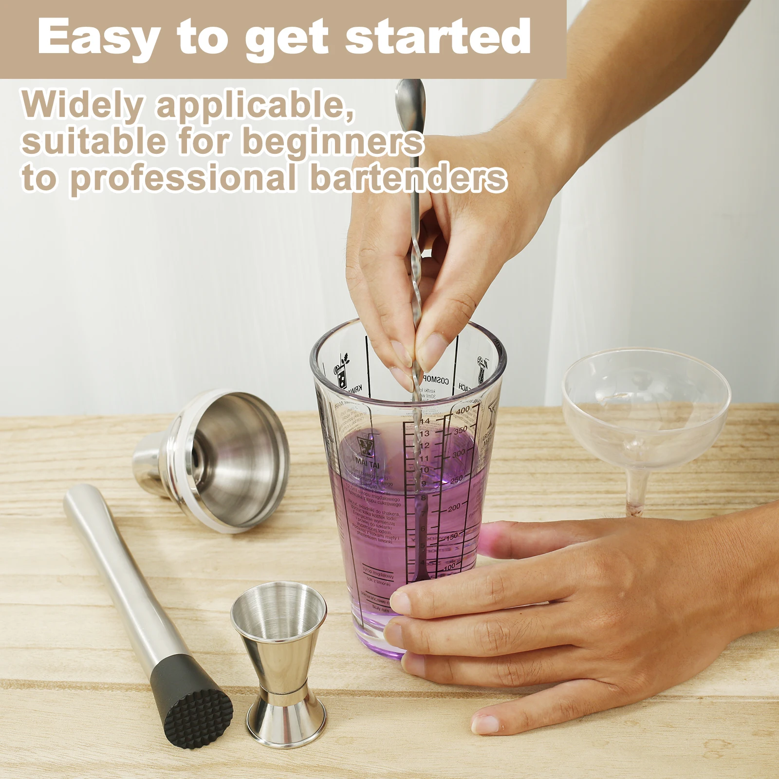 4Pcs 400ml Glass Cocktail Shaker Kit with Clear Scale Leakproof Cocktail Mixer Set Rustproof Bartender Kit with Measuring Cup
