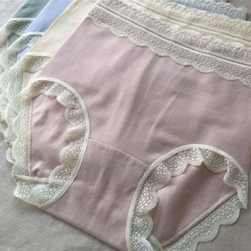 High Waisted Underwear Women Pure Cotton Antibacterial Bottom Crotch Sexy Seamless Buttocks Wrapped Lace Edgy Triangle Panties