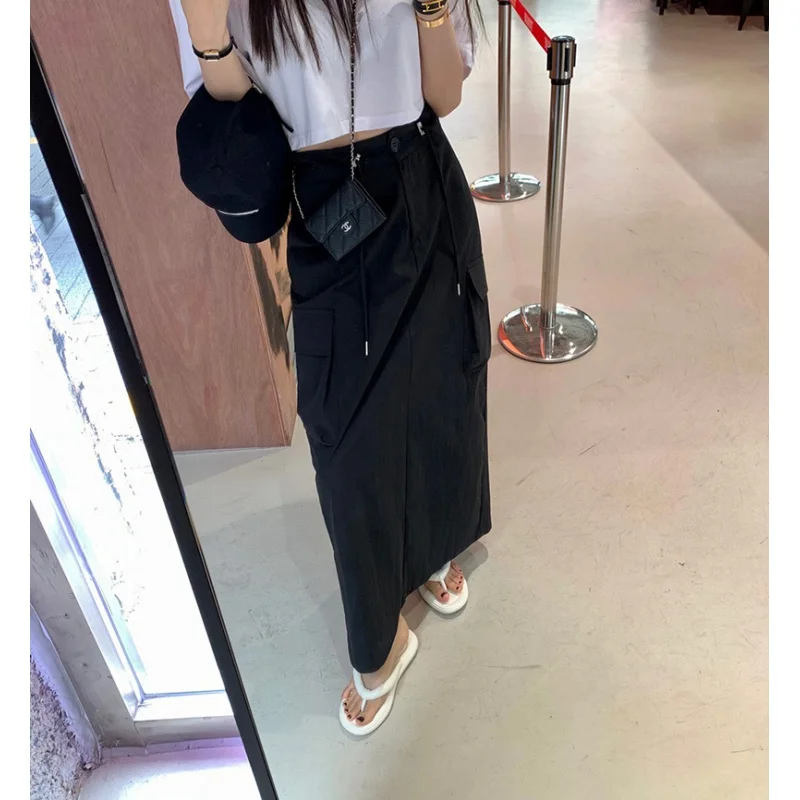 Korean Summer New Fashion High Waist Drawstring Waist Slimming Large Workwear with Pocket Long Dress for Women All-Match Ri