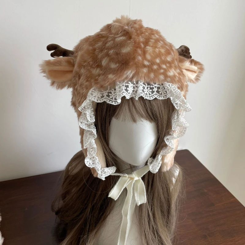 Winter Hat Kawaii Lace Winter Hat Faux Fur Plush Reindeer Furry Boots Socks Cover Gothic Cap Leg Warmers Performance Costume Bomber Hats fur hat winter hat