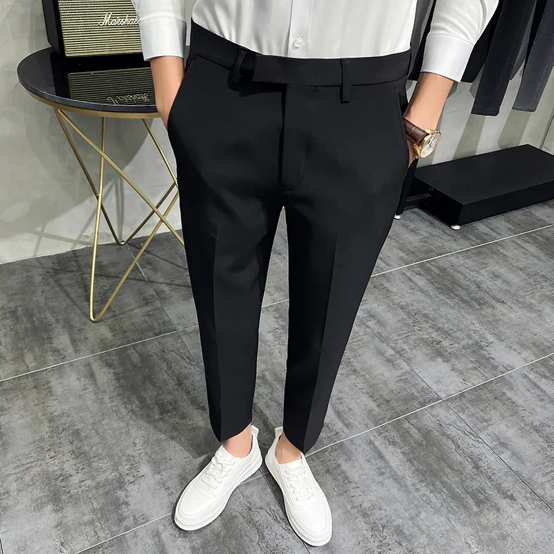 Summer Fashion Mens Dark Green Suit Pants Pure Color Business Occupation Slim Fit Dress Office Ankle Trousers