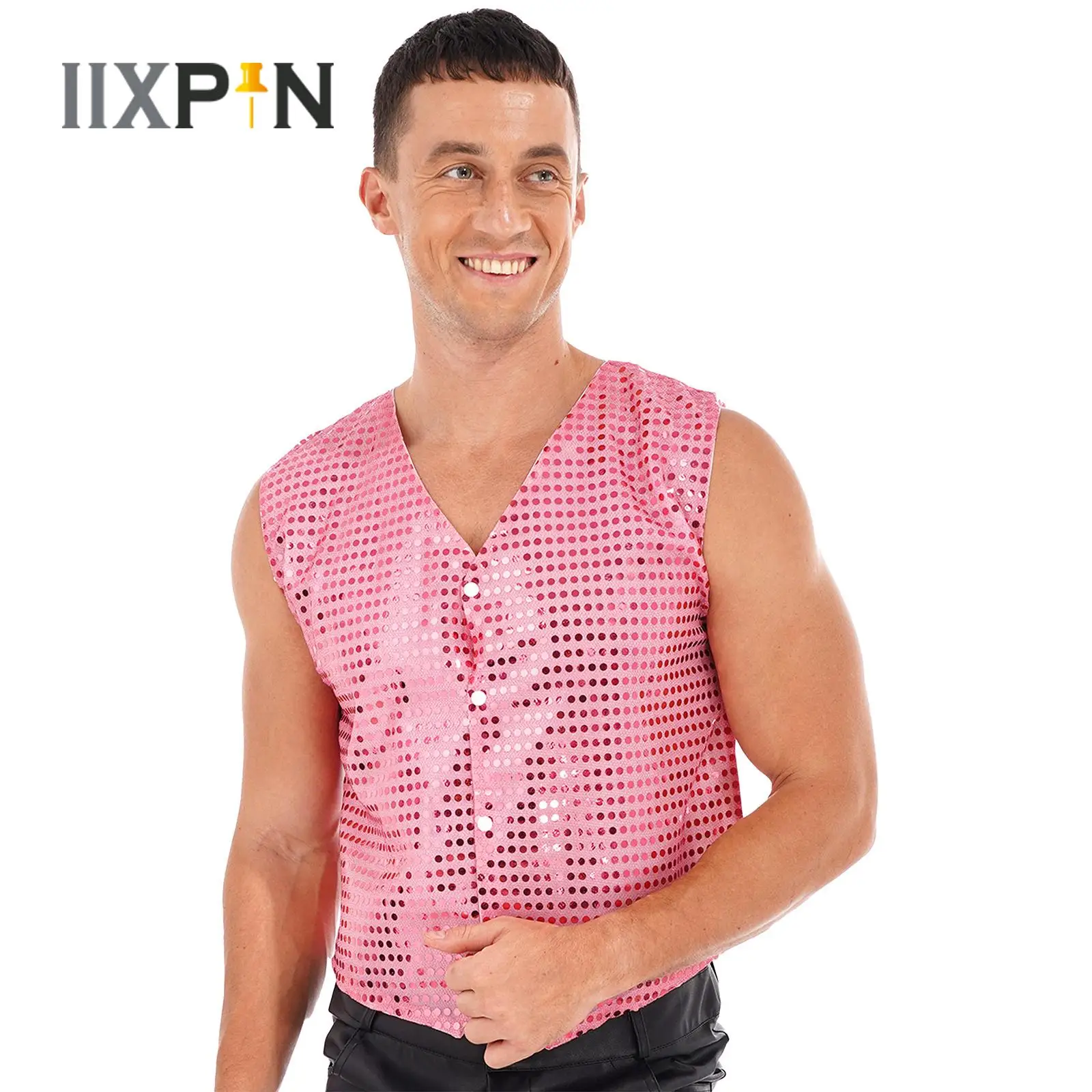 

Mens Womens Vest Jacket Dancing Tops Adult Shiny Sequin V Neck Sleeveless Waistcoat Carnival Party Performance Costumes Clubwear