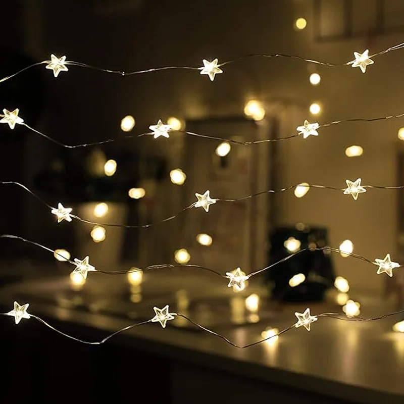 Enchanting LED Star Fairy String Lights - Battery Operated, 10ft Silver Copper Wire for Outdoor & Indoor Festivities