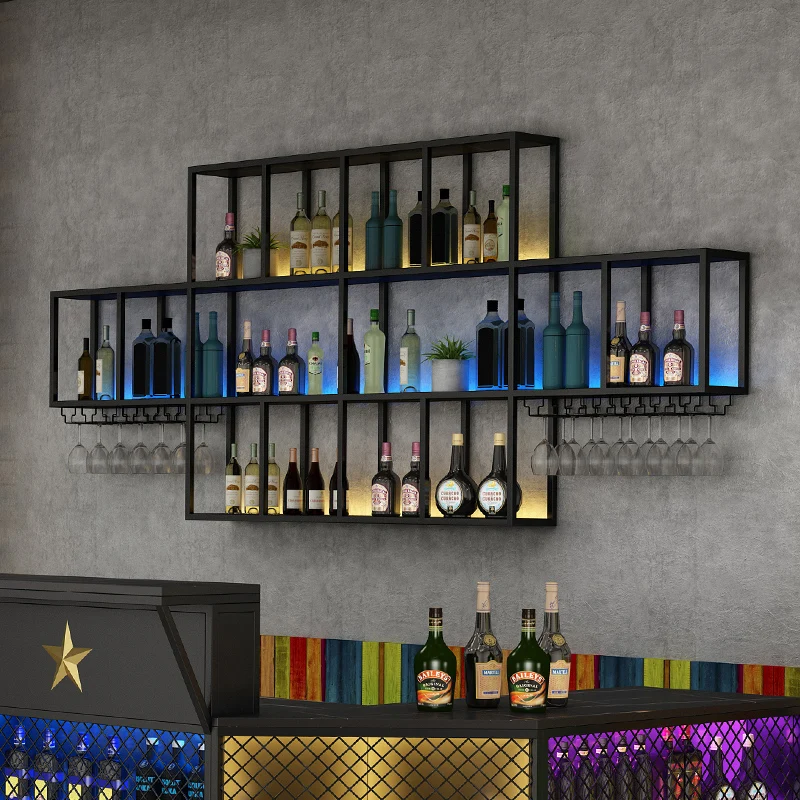 Bar Restaurant Bar Counter Wall Wine Cabinet Display Cabinet Against the Wall Luminous Simple Creative Mounted Shelf