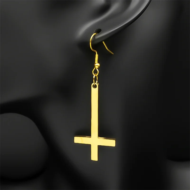 Edelstahl Gothic Auf Den Kopf Kreuz Tropfen Ohrringe Punk Invertiert Kreuz Ohrring Goth Schmuck Pendientes Mujer E8374S06 – Detail 6