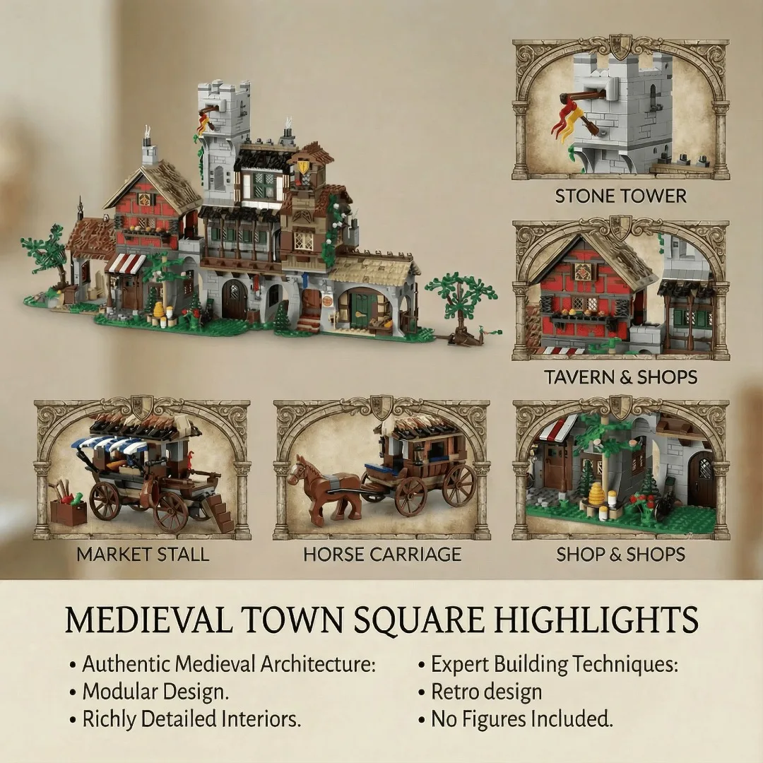 3021-teiliges Mittelalterliches Marktplatz-Set, Retro-Architektur Modulare Bausteine, Montage-Modellbausatz, Kreatives Spielzeug-Geschenk – Detail 3