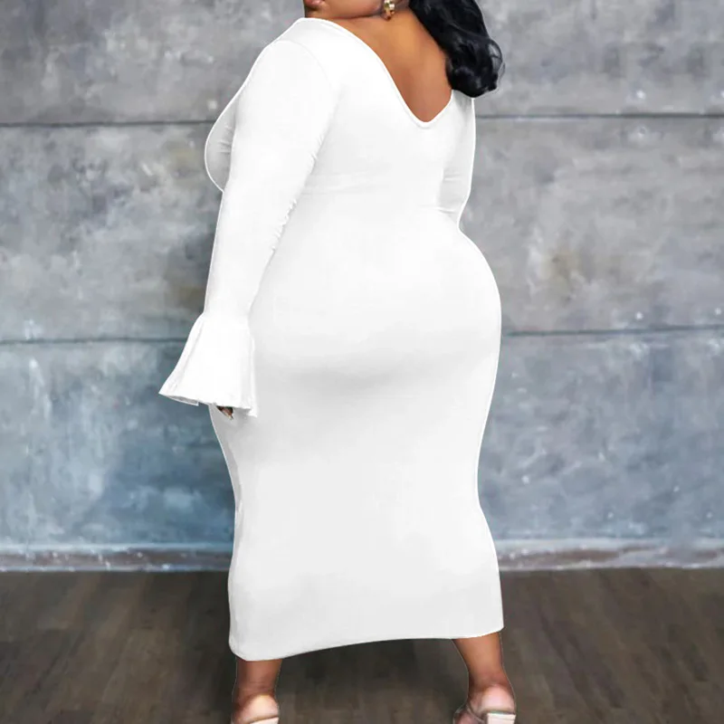 Simplicity Women's Clothing Deep V-Neck Solid Color Flare Long Sleeve Dress Autumn Fashion Casual Plus Size Slim Midi Dresses