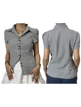 Women s Stylish Plaid Print Short Sleeve Blouse with Turn Down Collar and Button Up Front for Summer Casual Wear 1