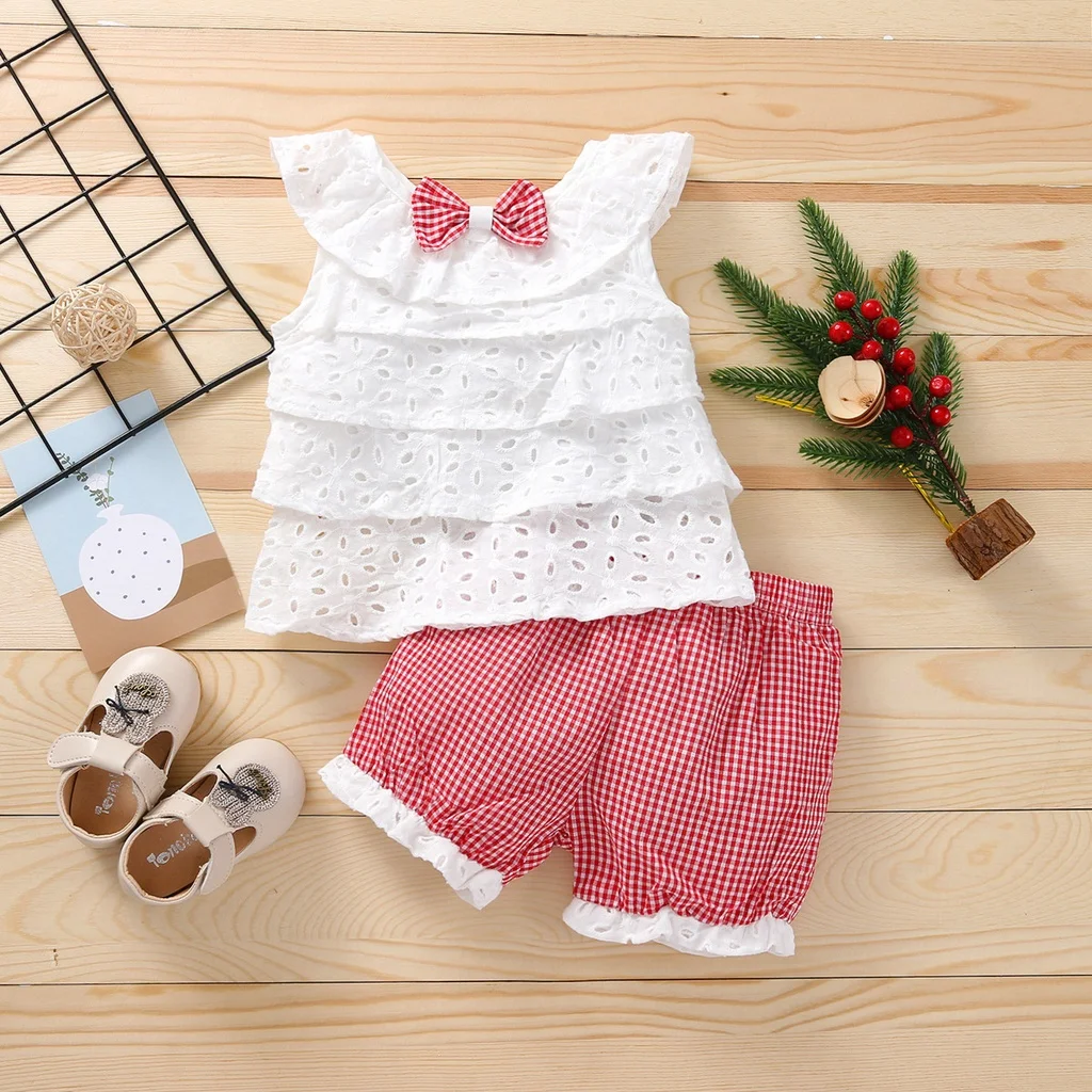 Summer children's clothing set girls plaid printed pants layered lace princess sleeveless shirt two pieces