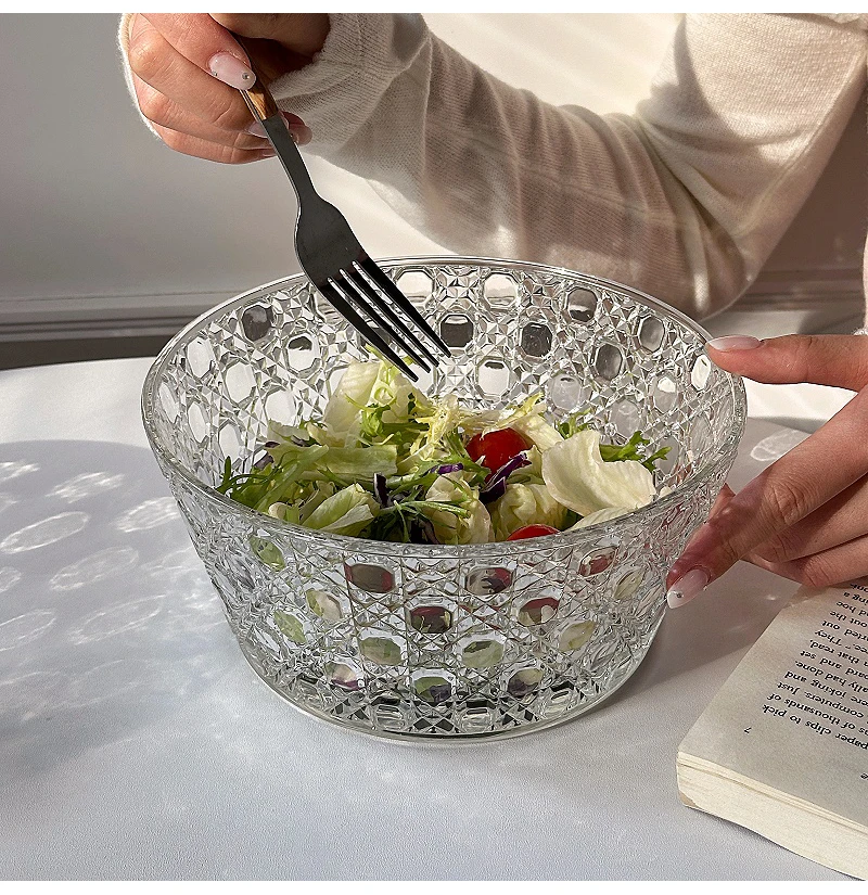 Description Picture 4 of itemCreative Relief Glass Bowl Korean Ins Transparent Round Kitchen Homehold Tableware Vegetables Fruit Yogurt Salad Dessert Bowls