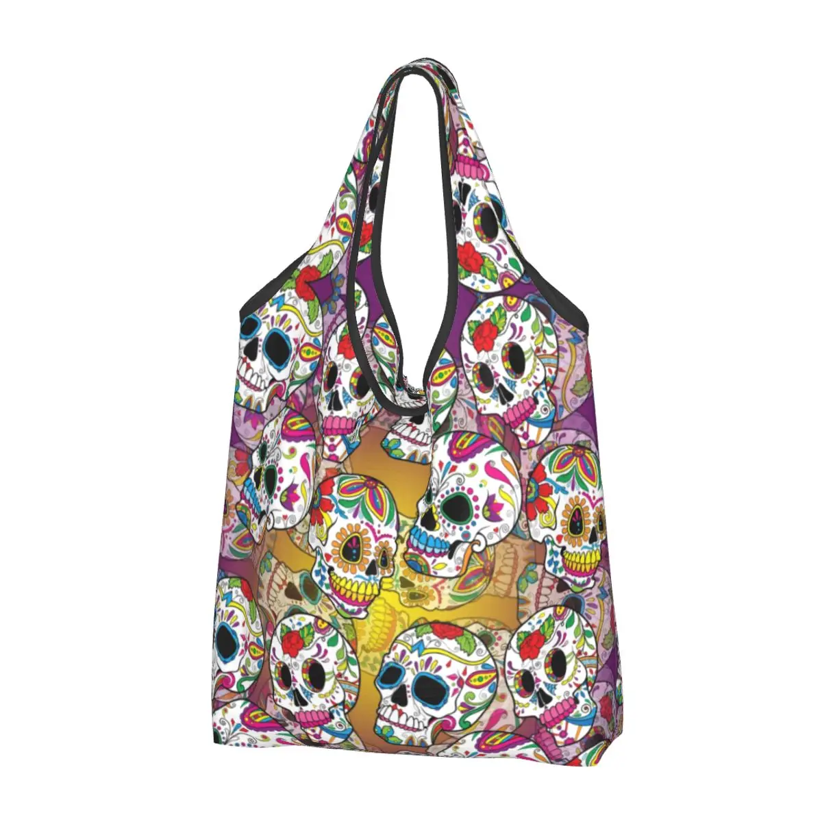 

Reusable Mexican Sugar Skulls Day Of The Dead Shopping Bag Women Tote Bag Portable Halloween Catholic Grocery Shopper Bags