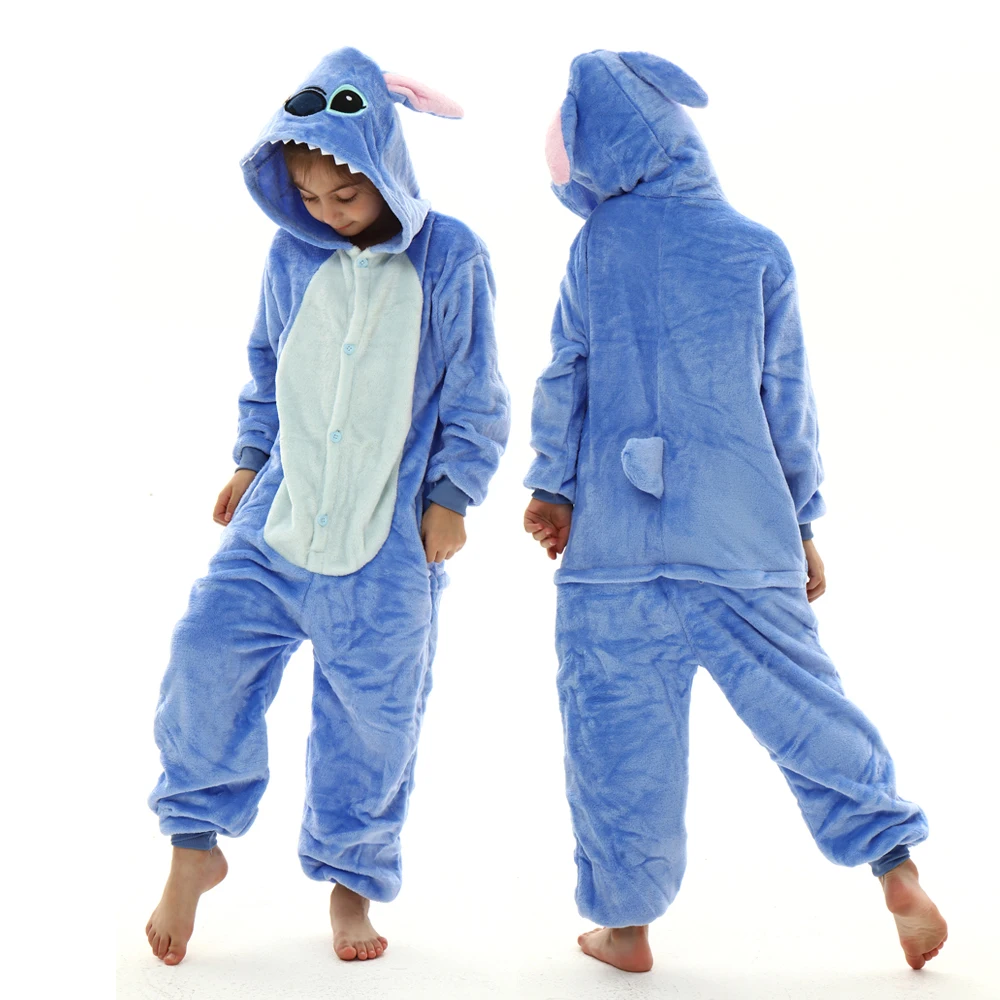 Pyjama Disney Stitch Kigurumi pour enfants, grenouillères d'hiver chaudes,  combinaisons douces, vêtements de nuit pour garçons