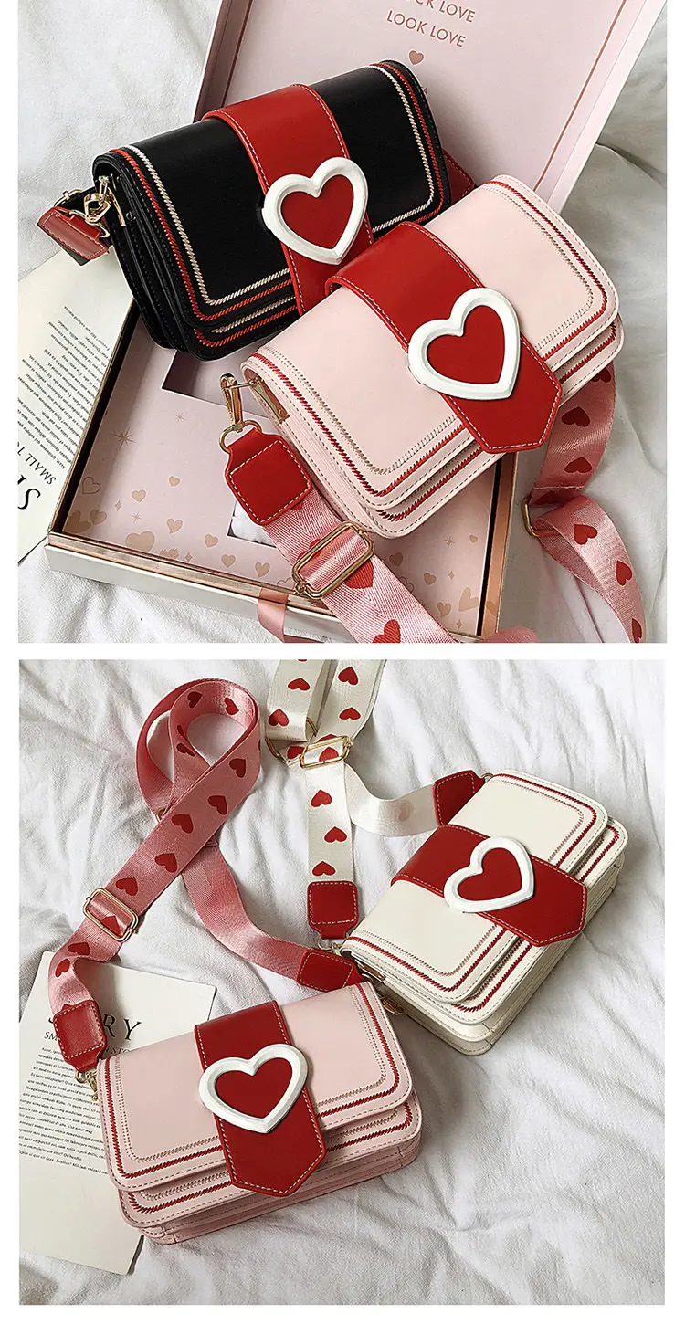 Xiuya Sweet Cute Small Shoulder Bag Female Valentines Day Trendy Korea Heart Messenger Bag Fashion Broadband Square Purse Wallet