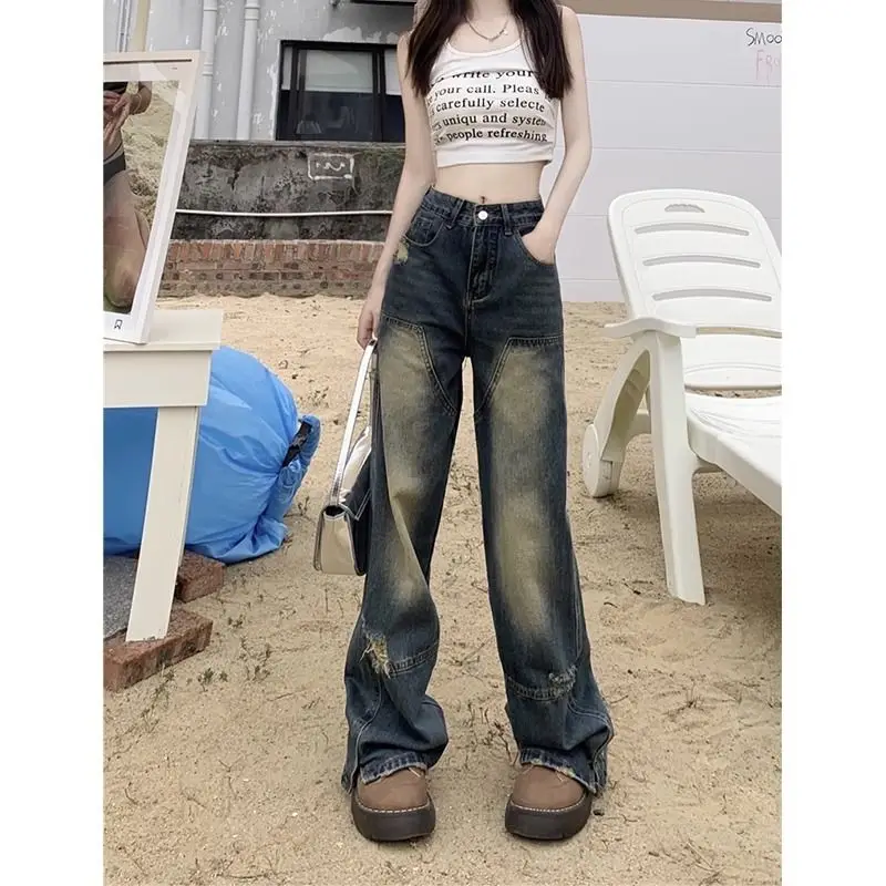 

American Style Street Jeans For Women In Autumn New Fur EdgE Design, HigH Waist Slimming, Wide Leg Long Pants comfortable