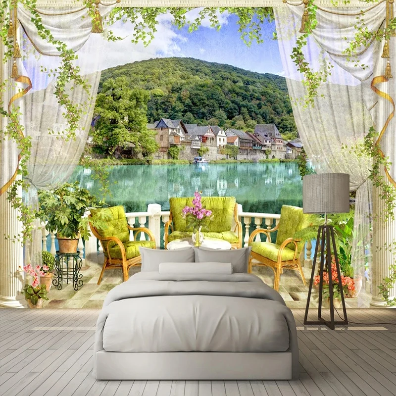 

Custom 3D Wall Mural balcony lake scenery Wallpaper Bar Cafe Restaurant Backdrop Wall Home Decoration Fresco Pegatinas De Pared