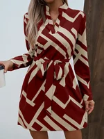Elegant Commuter Style Red Apricot Geometric Striped Shirt Dress for Women, Spring and Autumn, Waist-Cinching Slimming Long Sleeve A-Line Short Dress, Petite Workplace Date Chic Shirt Dress - Image 2