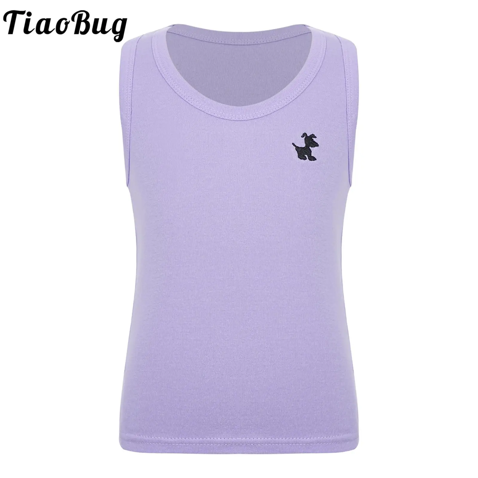 Summer Kids Girls Puppy Embroidery Tank Top Casual Solid Color Round Neck Quick Dry Sleeveless T-shirt Sports Tops for Vacation