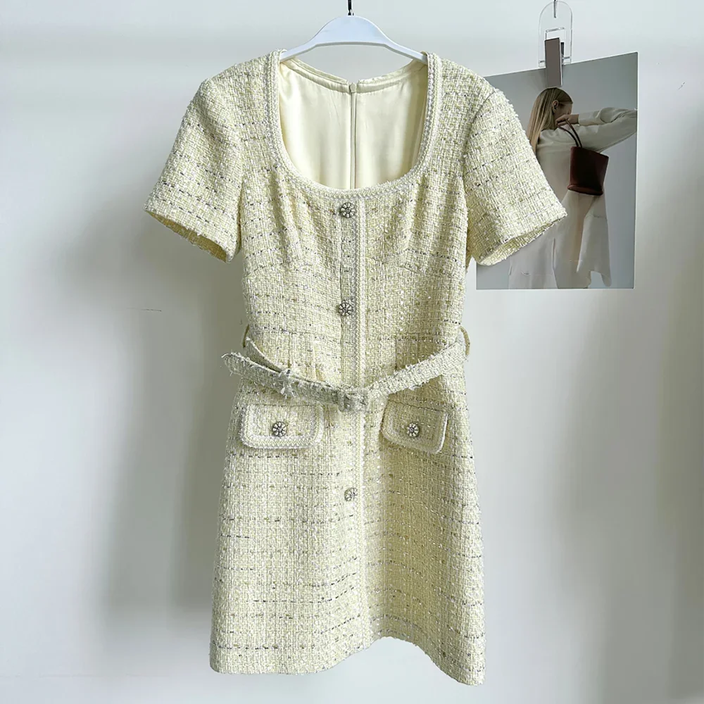 

High Quality French Small Fragrance Square Collar Dress Women Light Yellow Short Sleeve Sweet Tweed Lady Mini Dress with Belt