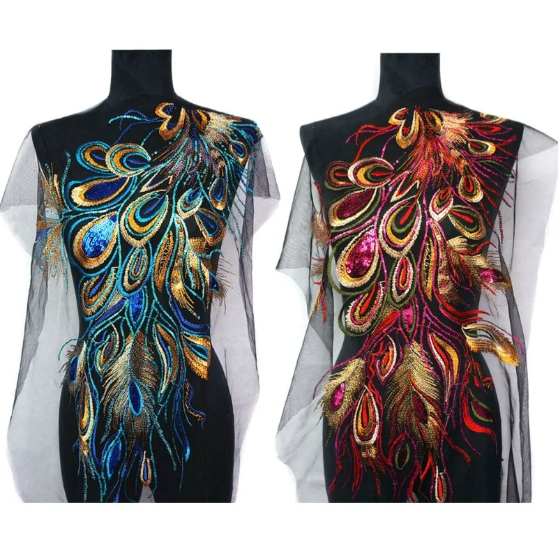 Elegant Sequin Embroidered Peacock Feather Lace Trim