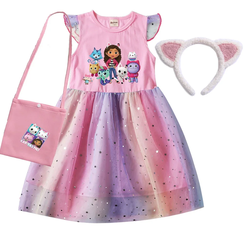 Girls Summer Dresses Gabbys Dollhouse Girls Cat Tastic Costumes Kawaii Kids Birthday Party Princess Dress with Headwear Bag