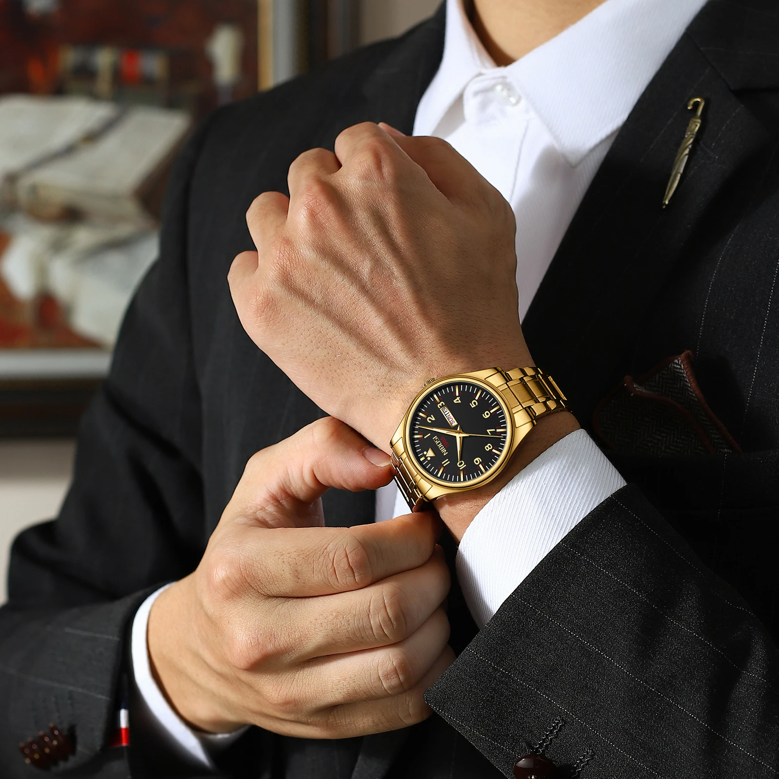 Men's Quartz Watches Waterproof Business Luminous Man Watch Week Display Gold Strap Luxury Watch Man Clock Calender Man's Gift