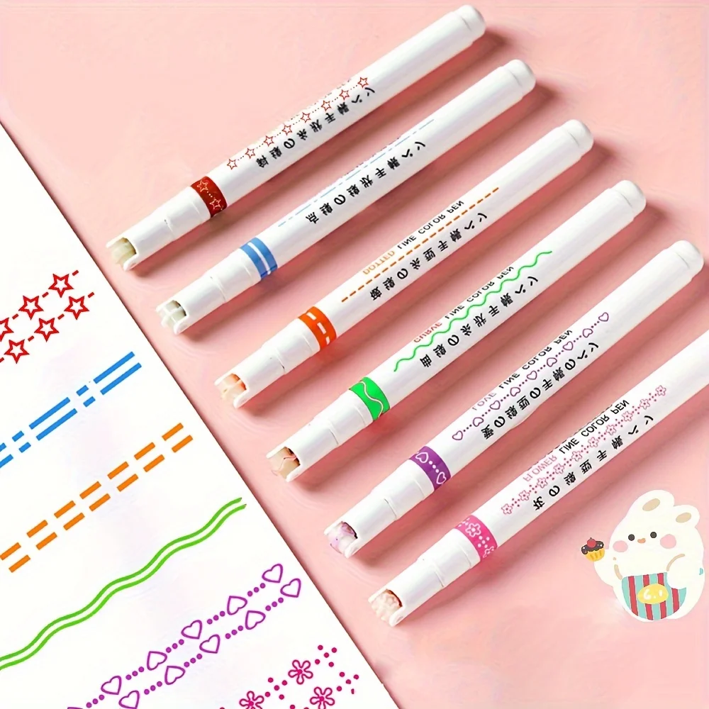 colored pens highlighter pen set 6pcs/set Flower Shape Outline Multiple Patterns Bullet Journal Wave Colored