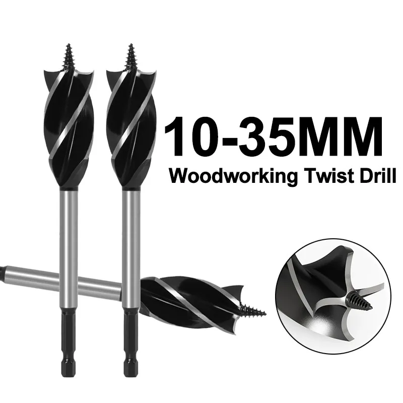 

10-35mm Woodworking Twist Drill Bit Set Long Four-Slot Hex Shank Carbide Drill Bit Hole Saw For Door Lock Wood Slotting Tool