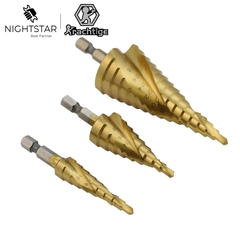 3Pcs HSS Steel Step Cone Drill Titanium Bit Set Hole Cutter Tools 4-12mm 4-20mm 4-32mm Hex Shank Woodworking