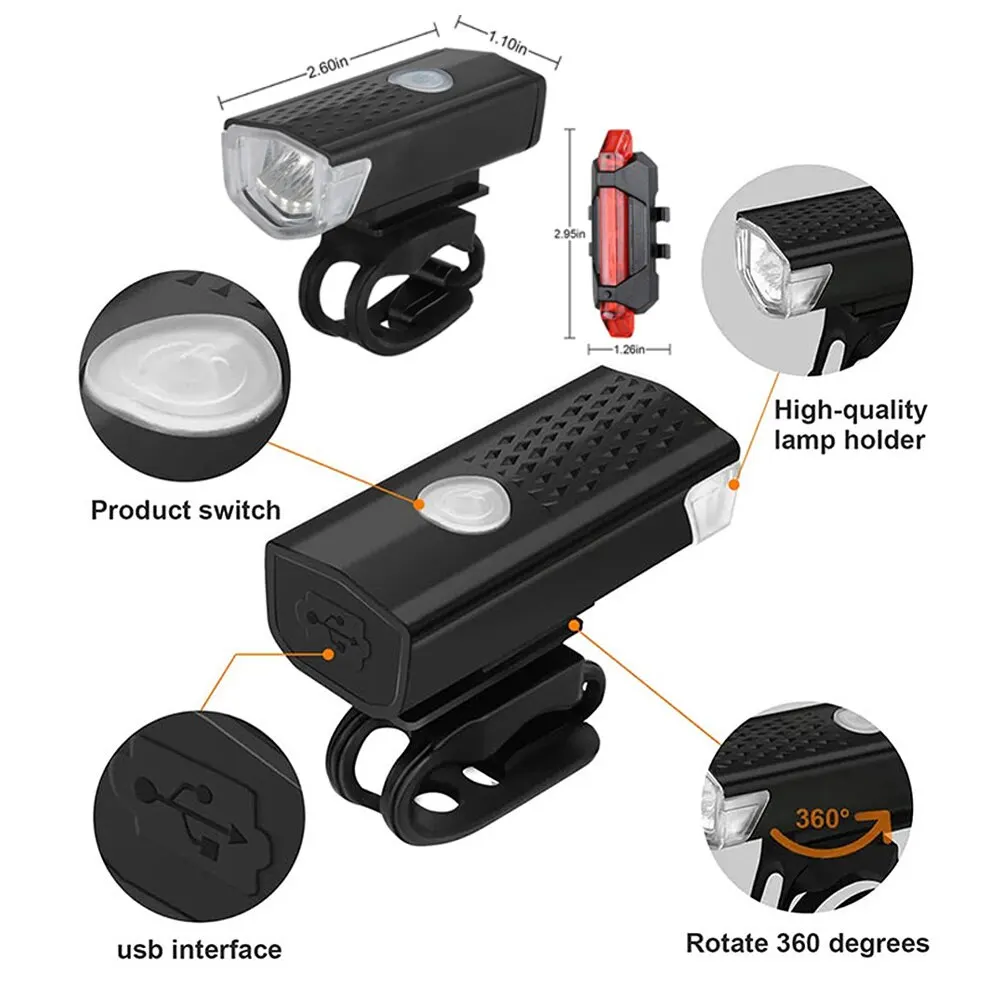 Juego de luces de bicicleta recargables por USB, luz delantera con luz  trasera, fácil de instalar, 3 modos, accesorios para bicicleta - AliExpress